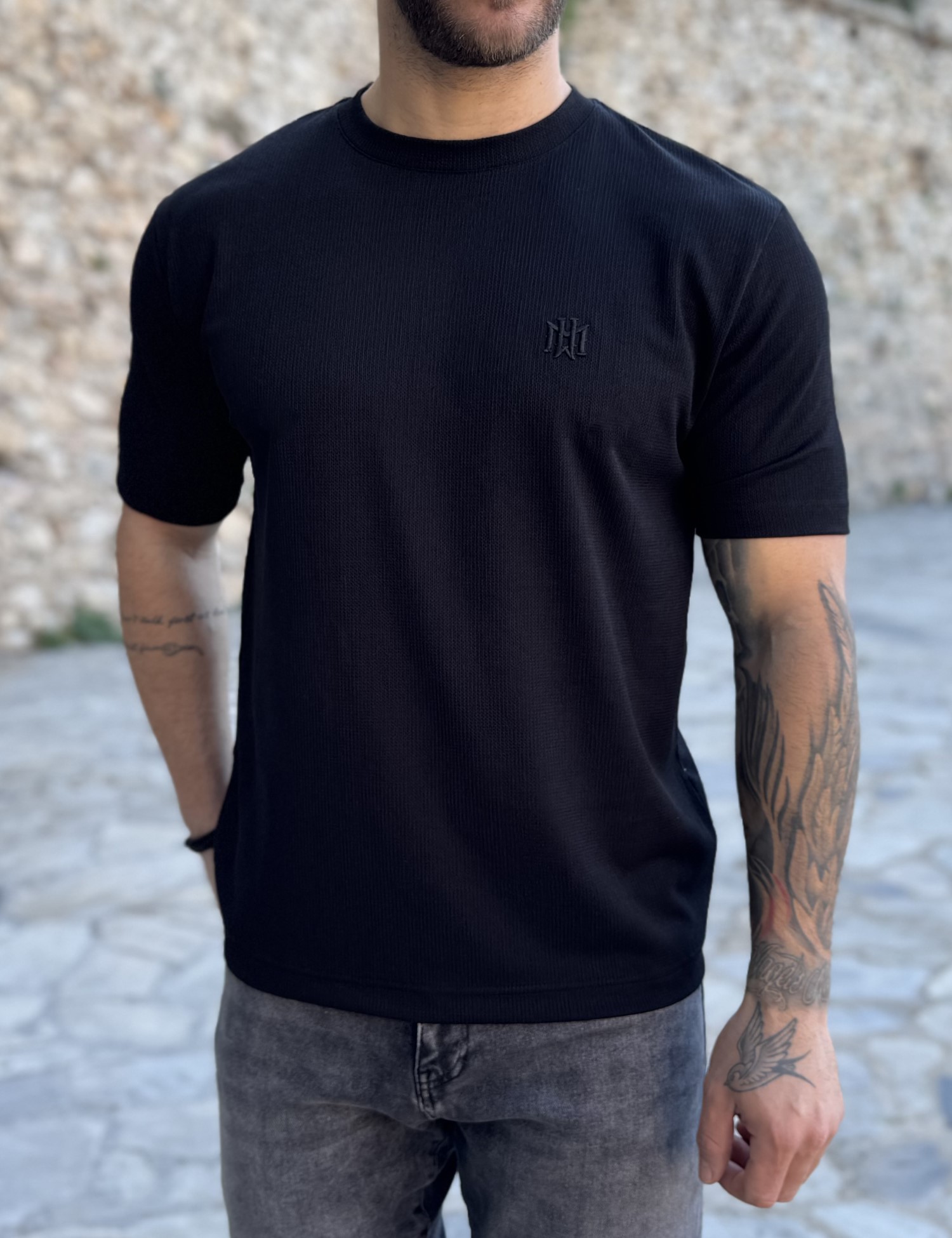 Marrakech ανδρική μαύρη κοντομάνικη μπλούζα με ριπ ύφανση TST2727M